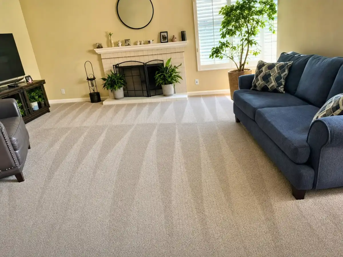 Freshly cleaned carpet with the furniture back in place — completed job in Covina, CA